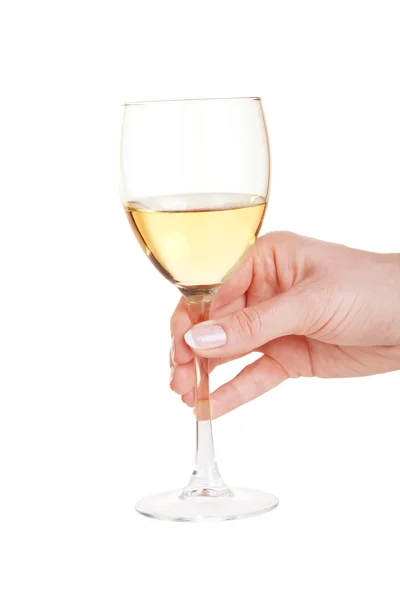Üveg fehér bort, az asszony kezében — Stock Fotó
