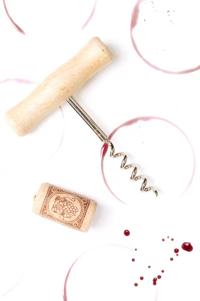 Wine stains, corkscrew and cork — Stock Photo, Image