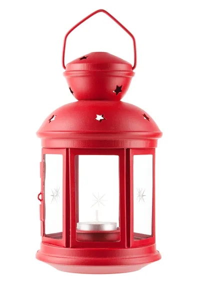 Lâmpada de metal vermelho com vela — Fotografia de Stock