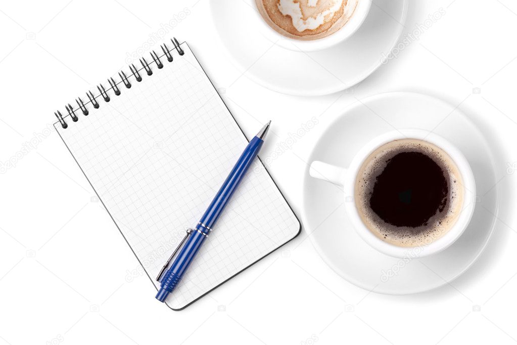 Blank organizer with pen and two coffee
