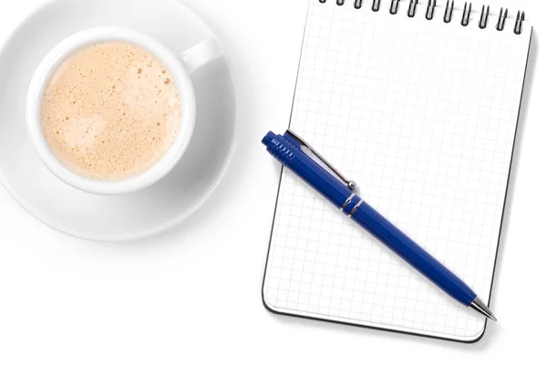 Blank organizer with pen and cappuccino — Stock Photo, Image
