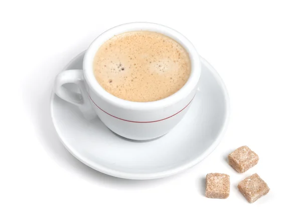 Espresso with milk and three sugar piece — Stock Photo, Image