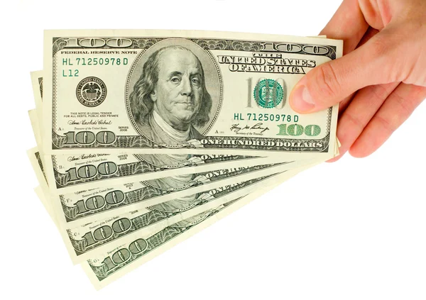 Ruka s 100 dolarů bankovky zásobníku — Stock fotografie