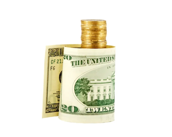 Columna de monedas con veinte dólares — Foto de Stock