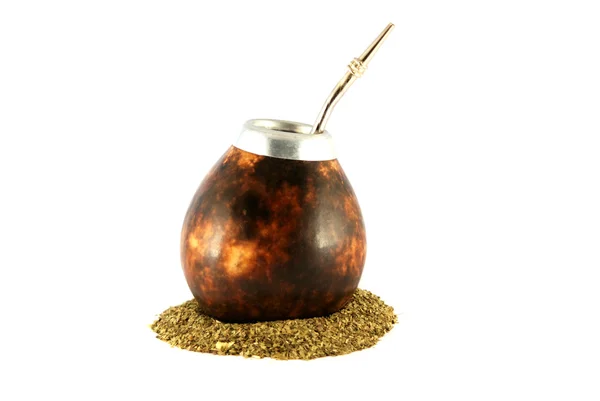 Cup from calabash and straw with dry mat — Stock Photo, Image