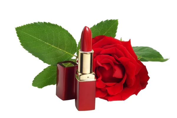 Roter Lippenstift und rote Rose — Stockfoto