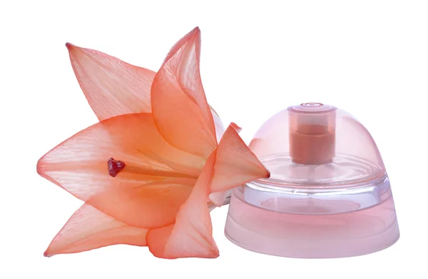 Láhev parfémy a lilie — Stock fotografie