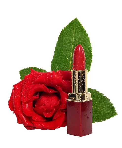 红色唇膏和红玫瑰 — 图库照片