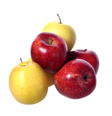 Beyaz adam üzerinde kırmızı ve sarı elmalar