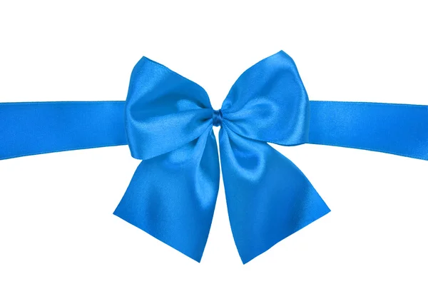 Blauwe geschenk satijnen lint boog op witte achterzijde — Stockfoto