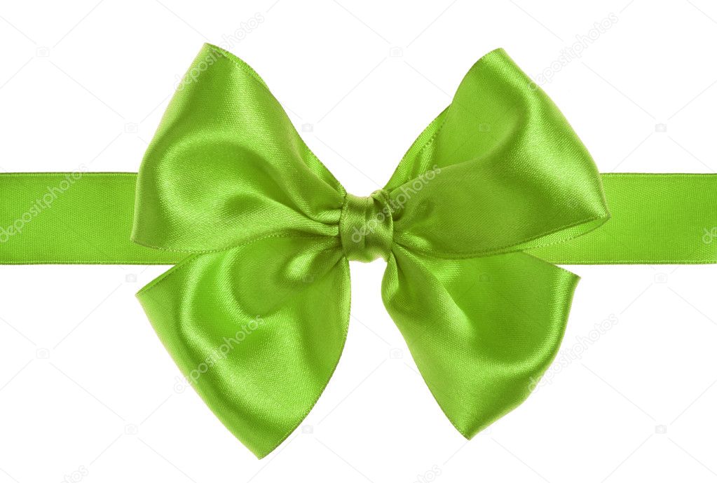 Green gift satin ribbon bow on white bac