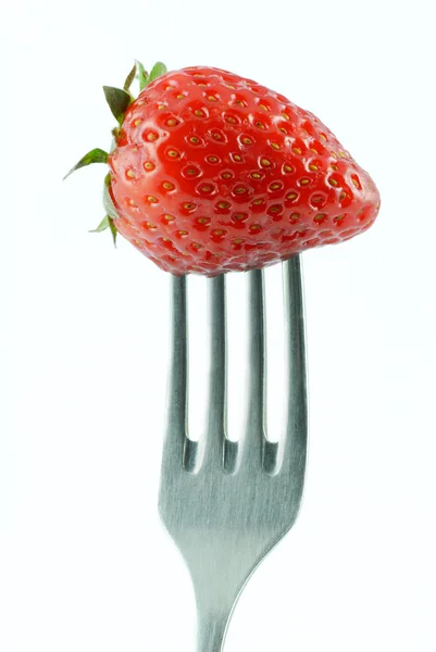 Enda jordgubbe på gaffeln — Stockfoto