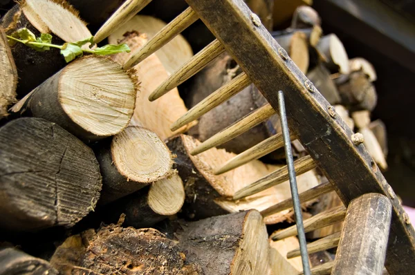 Stacked wood logs and rake — Stock Photo, Image