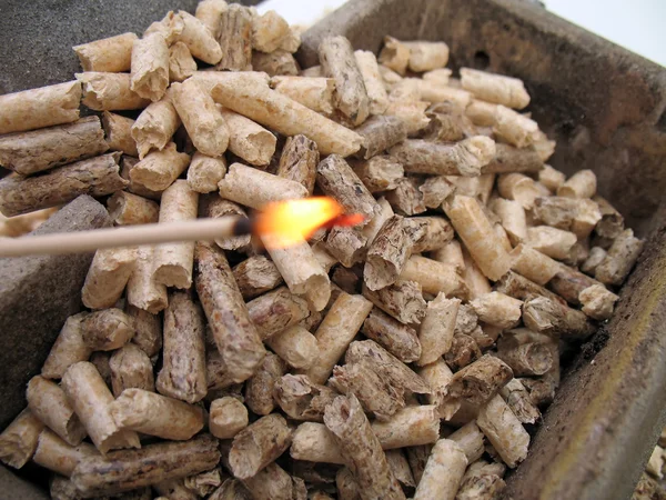 Fire and wood pellets — Stock Photo, Image
