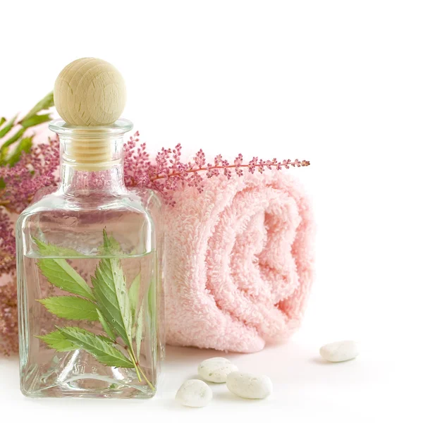 Vaso con foglie fresche e asciugamano — Foto Stock