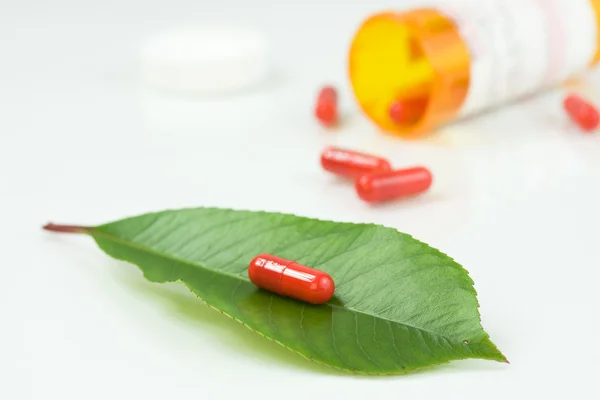 Comprimido vermelho sobre uma folha verde — Fotografia de Stock