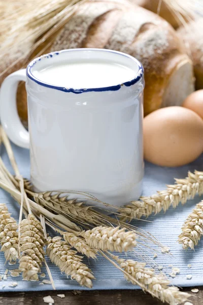 Tarwe, brood, melk en eieren — Stockfoto