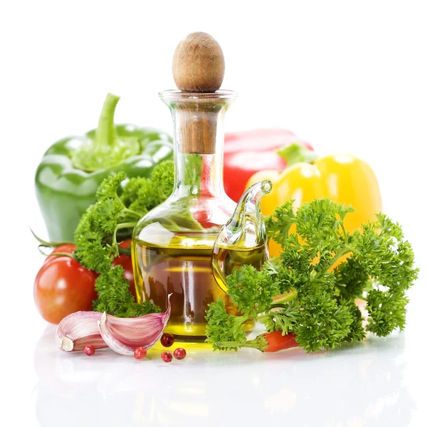 Vegetables still life with olive oil — Stock Photo, Image