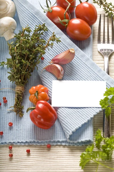 Fresh ingredients and blank paper — Stock Photo, Image