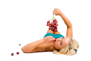 Blonde girl in blue with grapes clipart