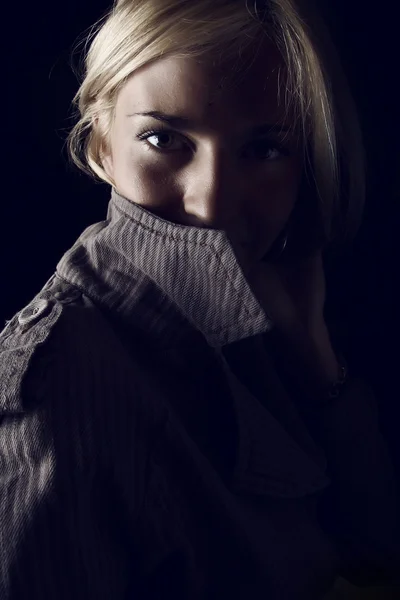 Portrait of sad blond woman indoors — Stock Photo, Image