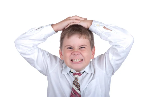 Pojken är arg har lagt händerna på en huvud — Stockfoto