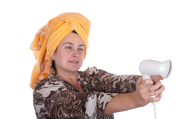 Mujer y secador de pelo — Foto de Stock
