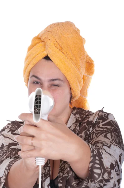 Vrouw met de haardroger voor hai — Stockfoto