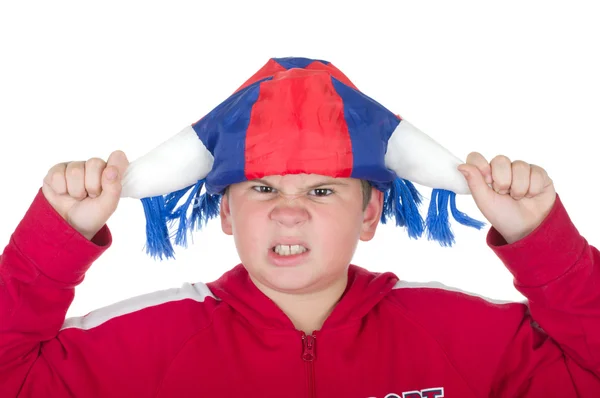 Offeso ragazzo in un fan casco — Foto Stock