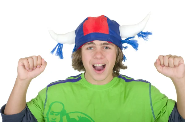Gelukkig tiener in een ventilator helm — Stockfoto
