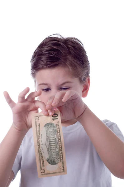 Pojke tårar pengar — Stockfoto