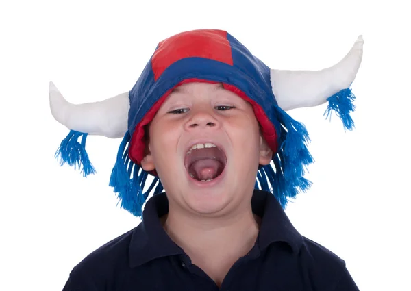Malý chlapec v přilbě ventilátor — Stock fotografie