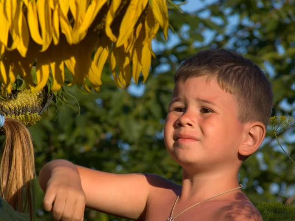 Chlapec s slunečnicový květ — Stock fotografie