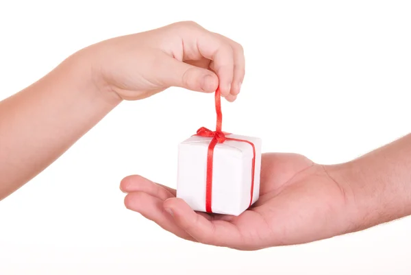 Two hands and box with gift — Stock Photo, Image