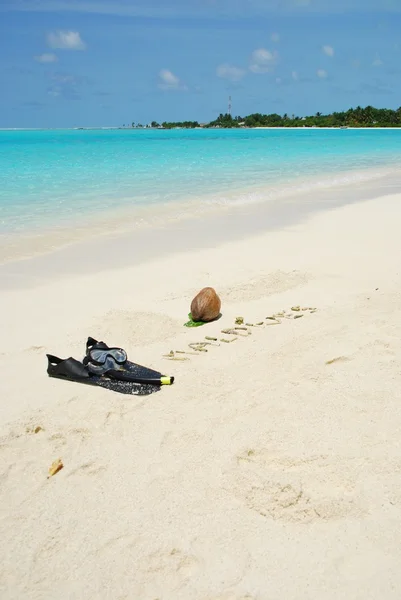 Koncepcja Malediwy z kokosowego owoce i — Zdjęcie stockowe