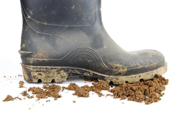 Черный резиновый сапог и почва на белом — стоковое фото