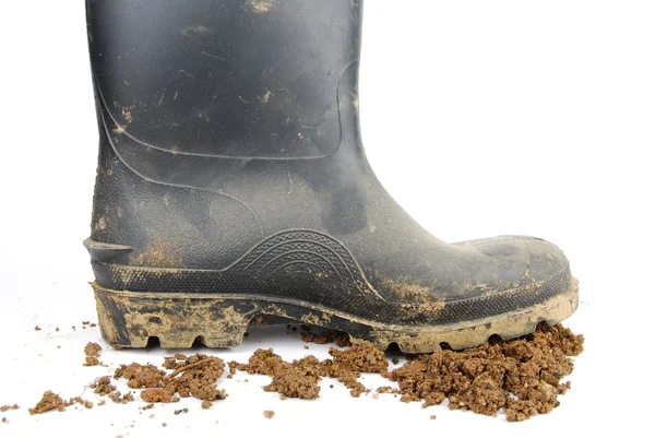 stock image Black rubber boot and soil on white