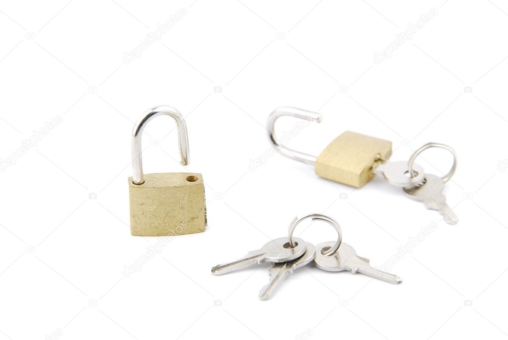 Two golden open padlock with keys