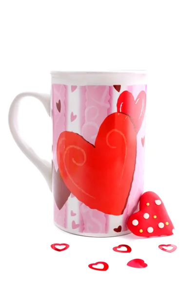 Taza de San Valentín y corazones — Foto de Stock