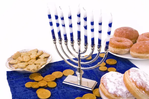 stock image Hanukkah menorah, donuts and coins
