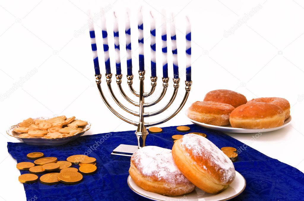 Hanukkah menorah and donuts