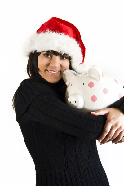 Teen Girl Santa con caja de moneda de cerdo — Foto de Stock