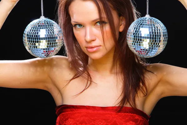 Young woman with two mirror balls — Stock Photo, Image