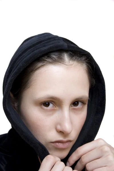 Beautiful girl in black hood, close up — Stock Photo, Image
