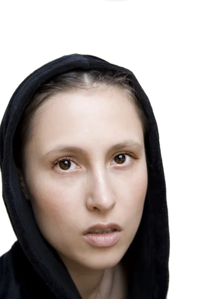 Beautiful girl in black hood, close up — Stock Photo, Image