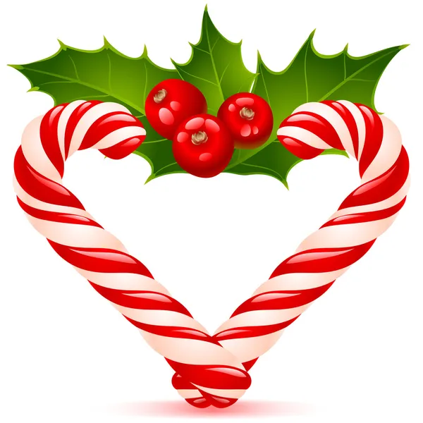 圣诞之心: 糖果手杖和冬青 — 图库矢量图片