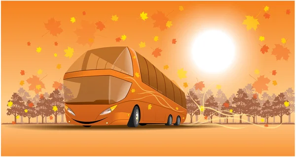 Autobús sonriente en la escena de otoño — Vector de stock