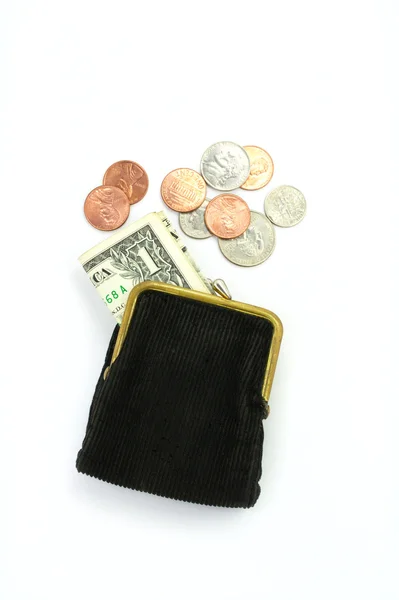 Χρήματα; Τσαντάκι με ένα δολάριο και κέρματα — Φωτογραφία Αρχείου