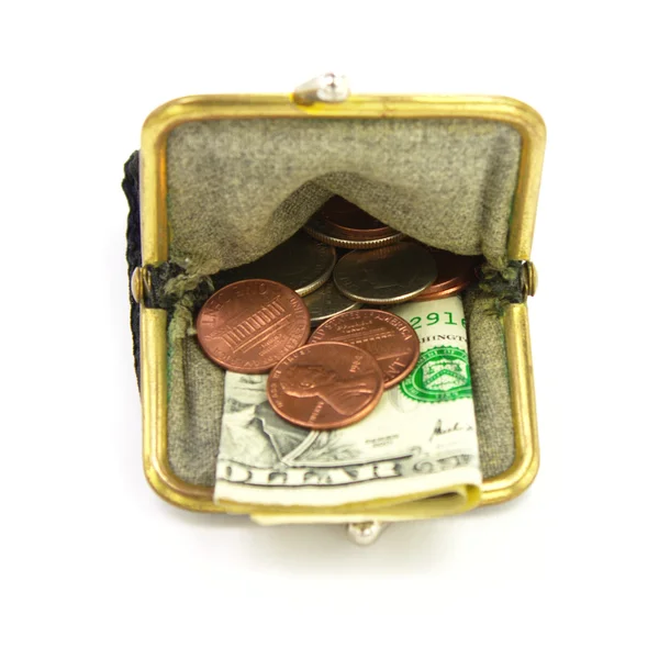 За деньги. Сумочка с одним долларом и монетами — стоковое фото