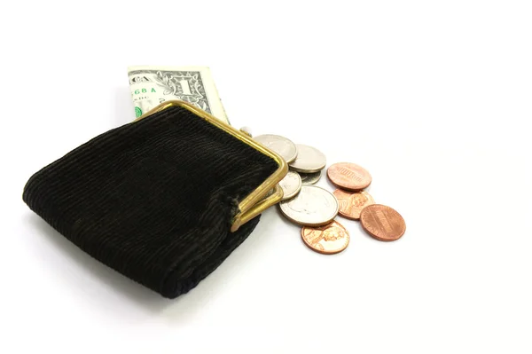 Dinheiro. Bolsa com um dólar e moedas — Fotografia de Stock